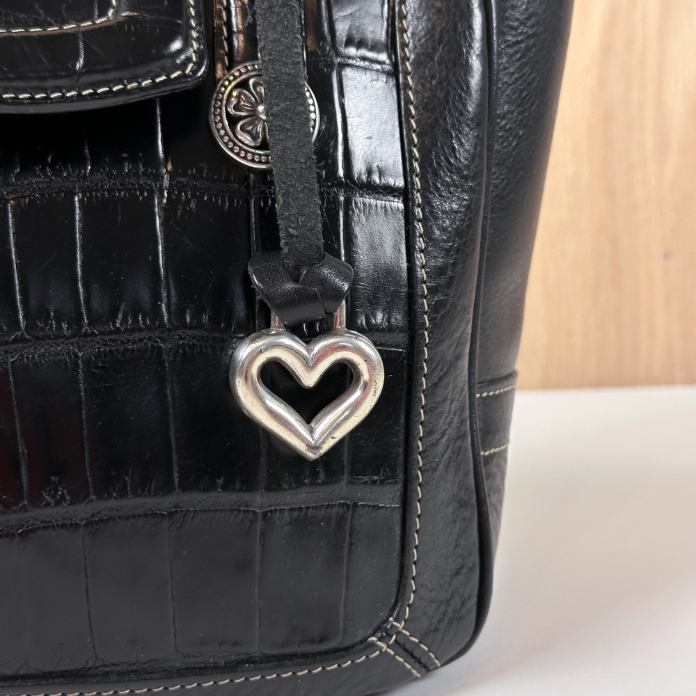 Brighton Black Leather Croc Embossed Shoulder Bag Heart Charm Tote Purse - Picture 2 of 16